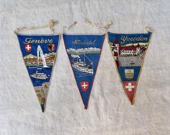 Vintage Souvenir Pennant, Swiss Flag Travel Pennant, Alps Antique Travel Souvenir, Geneva, Yverdon, Neuchatel, Switzerland Sold Individually