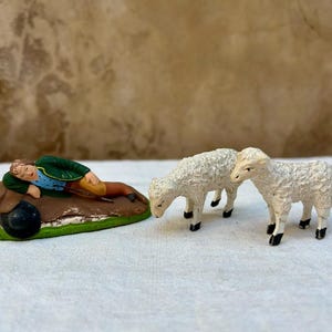 Antique French Santon Figurines: Provence Shepherd and Sheep, Nativity Decor