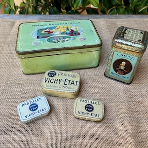 Antique French Tins, Set of 5 Tins, Lithographed Antique Tin Boxes, Vintage French Boxes, French Vichy Tins, French Candy Box, Vintage Tin