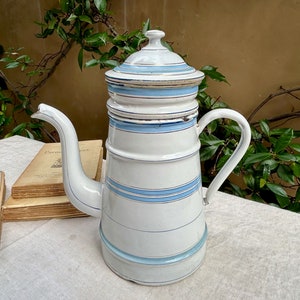Antique French Enamel Coffee Pot: 1930s Blue Biggin, 4-Piece Set