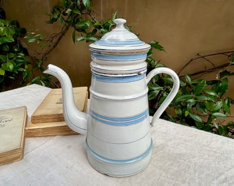 French Enamel Coffee Pot, Antique Biggin, 1930s Blue Enamelware Coffee Pot, Four Pieces, LETOILE Vintage Enamel Vase Chippy Blue, Gold White
