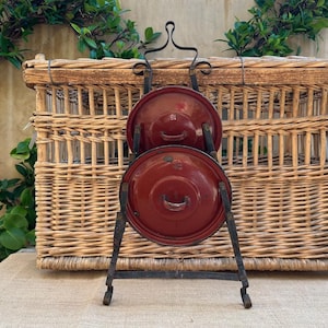 Antique French Wall Hanger - Wall Hooks: Country Kitchen Rack, 2 Enamel Lids