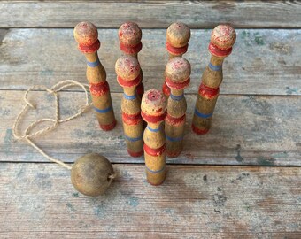 French Bowling Pins, Antique Skittles, Set of 7 plus Ball, Antique Game, Skittles, Turned Wood, Blue Red, 8 Inch, Antique Game Toy