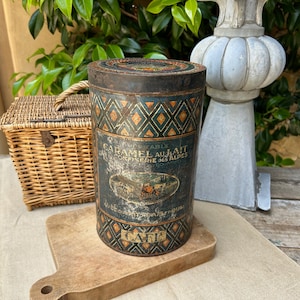 Antique French Advertising Tin: Blue Checkered CAFE Canister
