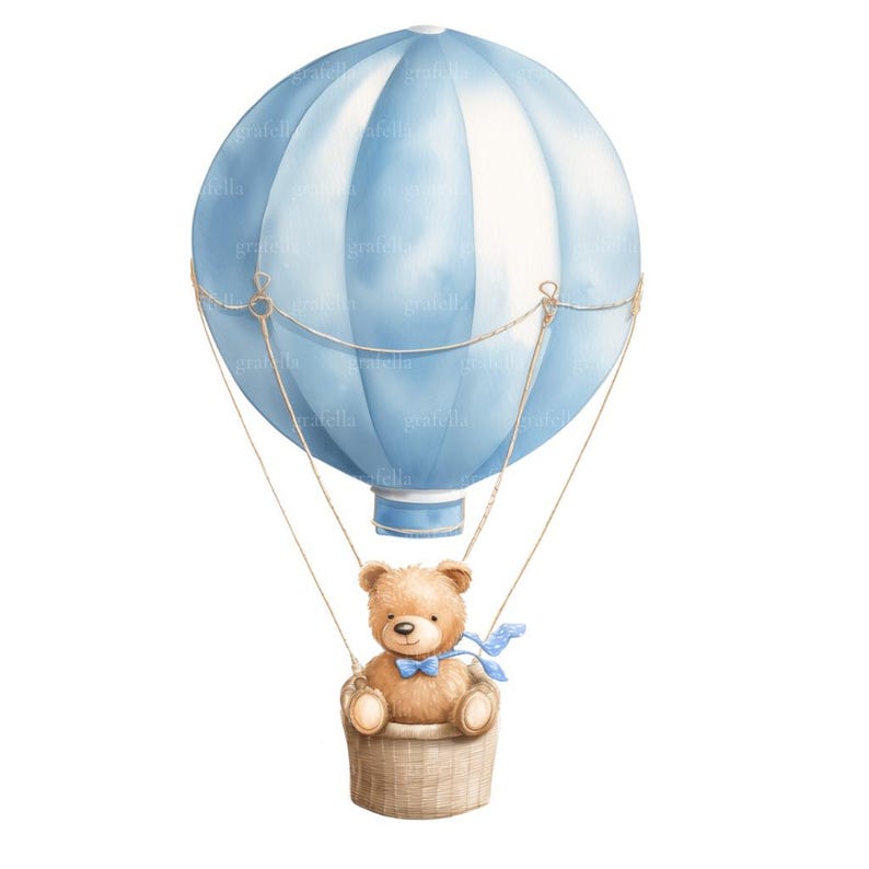 9 Blue Teddy Bear Hot Air Balloon Clipart, Bear Clipart, Watercolor Boy ...