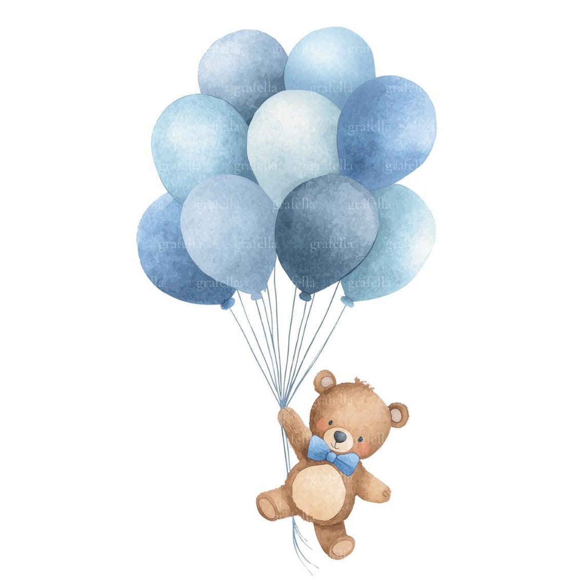 10 Teddy Bear and Blue Balloons Clipart, Watercolor Boy Bear Baby ...