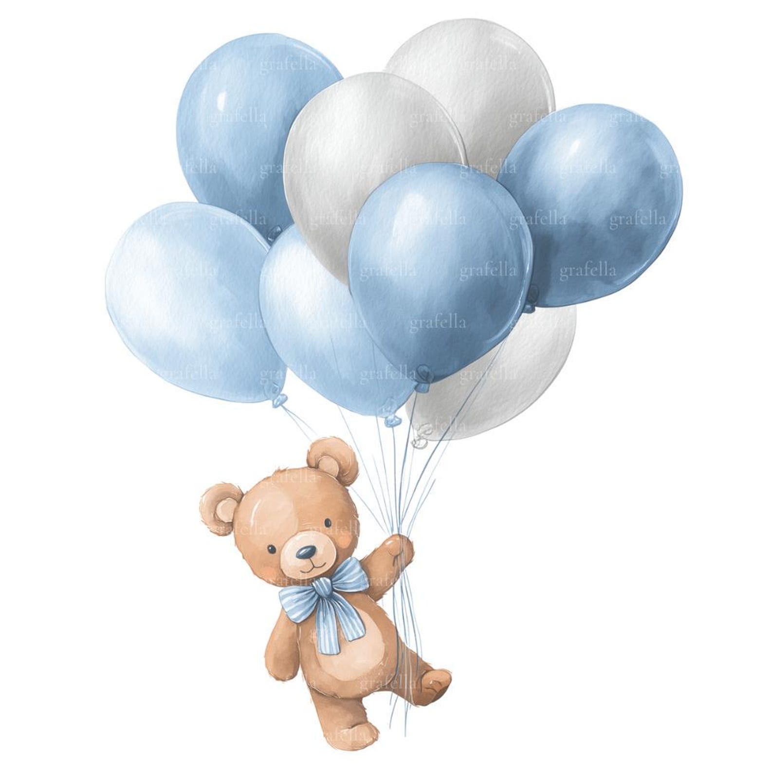 10 Teddy Bear and Blue Balloons Clipart, Watercolor Boy Bear Baby ...