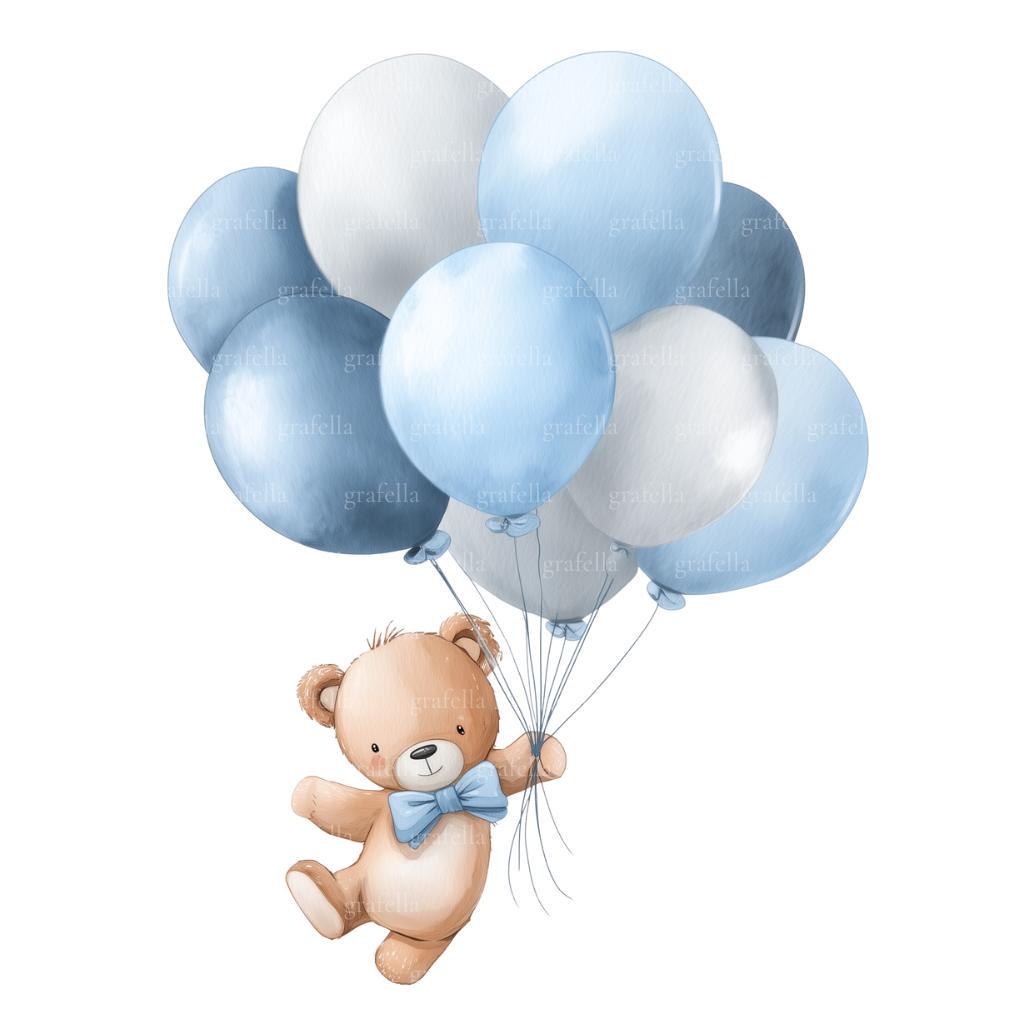 10 Teddy Bear and Blue Balloons Clipart, Watercolor Boy Bear Baby ...