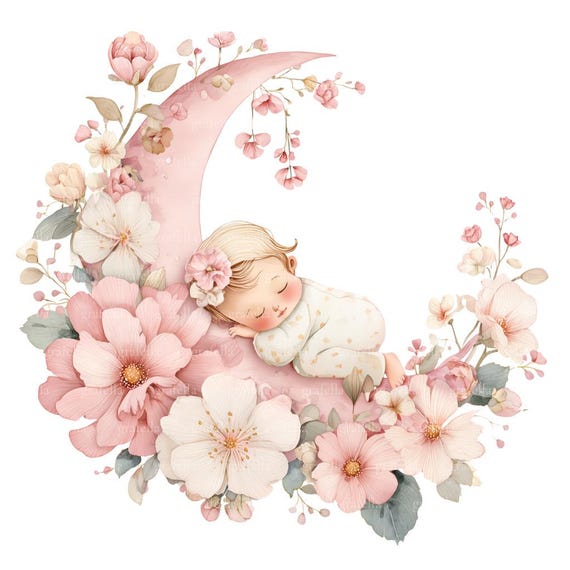 8 Girl Baby on Floral Moon Clipart, Pink Crescent Moon, Watercolor Spring Baby Shower Clipart, High Quality PNG & JPG, Digital Download, 180