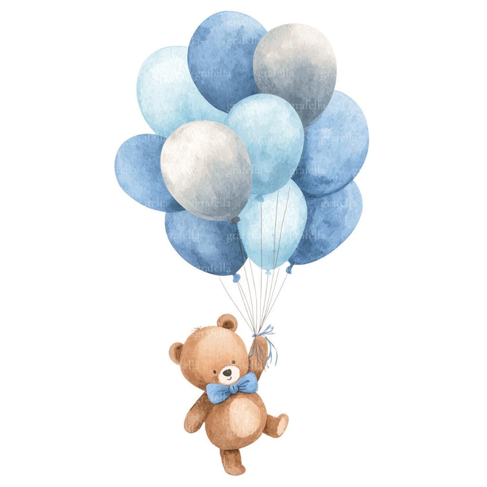 10 Teddy Bear and Blue Balloons Clipart, Watercolor Boy Bear Baby ...