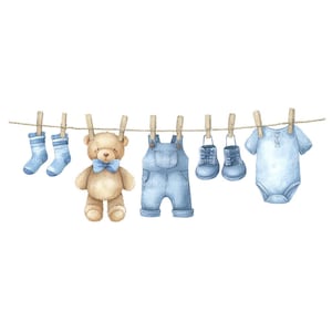 May include: Watercolor illustration of baby clothes and a teddy bear hanging on a clothesline. The items include blue socks, a teddy bear with a blue bow tie, blue overalls, blue shoes, and a blue onesie. The background is white.