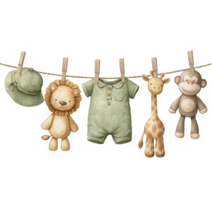 12 Safari Baby Clothes Clipart, Jungle Baby Clothes, Watercolor Safari Baby Shower Clipart, High Quality PNG & JPG, Digital Download, 184