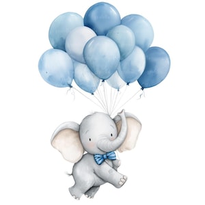 15 Elephant and Blue Balloons Clipart, Watercolor Boy Baby Shower Clipart, High Quality PNG & JPG, Digital Download, 115