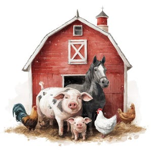 Imágenes prediseñadas de granero rojo, imágenes prediseñadas de corral, imágenes prediseñadas de animales de granja, imágenes prediseñadas de granja de acuarela, PNG y JPG de alta calidad, descarga digital, 072