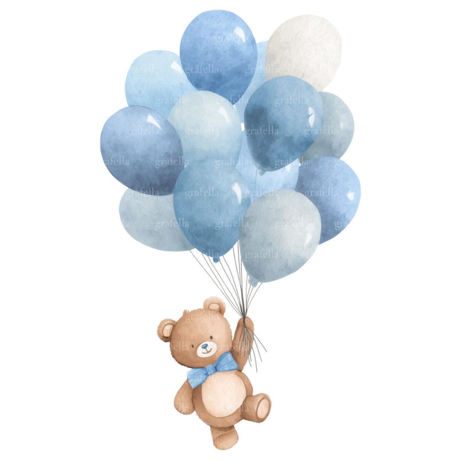 10 Teddy Bear and Blue Balloons Clipart, Watercolor Boy Bear Baby ...