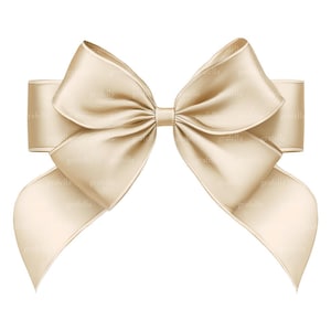 May include: A digitally rendered, cream-coloured satin bow. The bow is tied in the centre with two loops on each side and long, flowing tails. The bow is set against a white background.