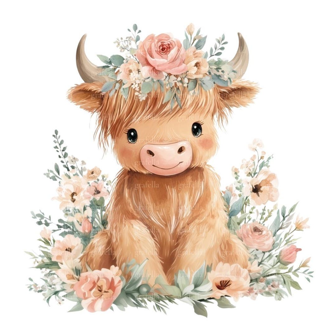6 Highland Cow Clipart, Holy Cow Baby Shower Clipart, Watercolor Cow ...