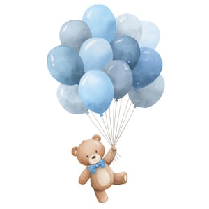 10 Teddy Bear and Blue Balloons Clipart, Watercolor Boy Bear Baby ...