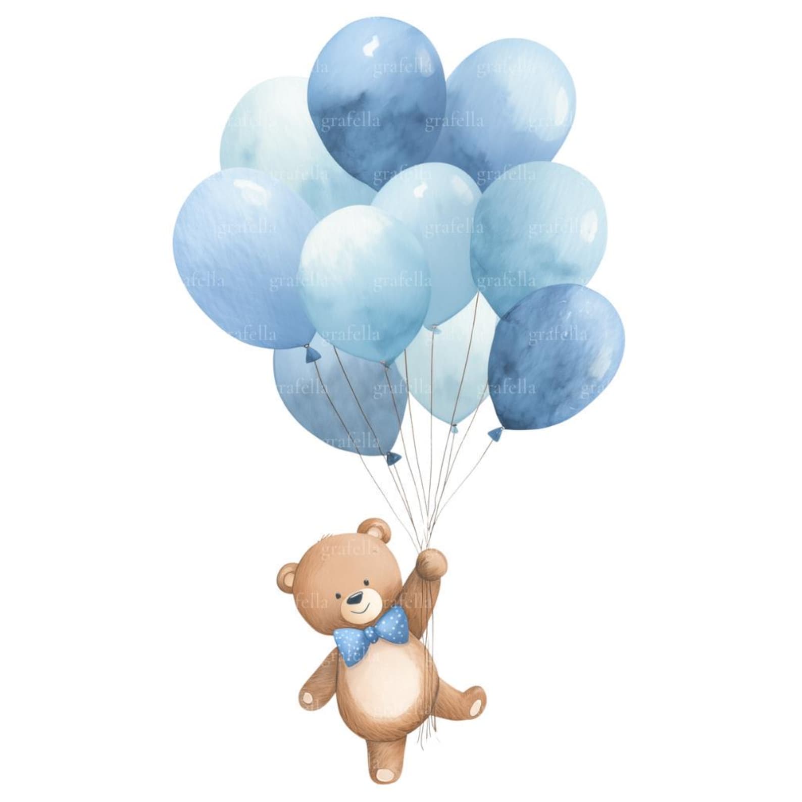 10 Teddy Bear and Blue Balloons Clipart, Watercolor Boy Bear Baby ...