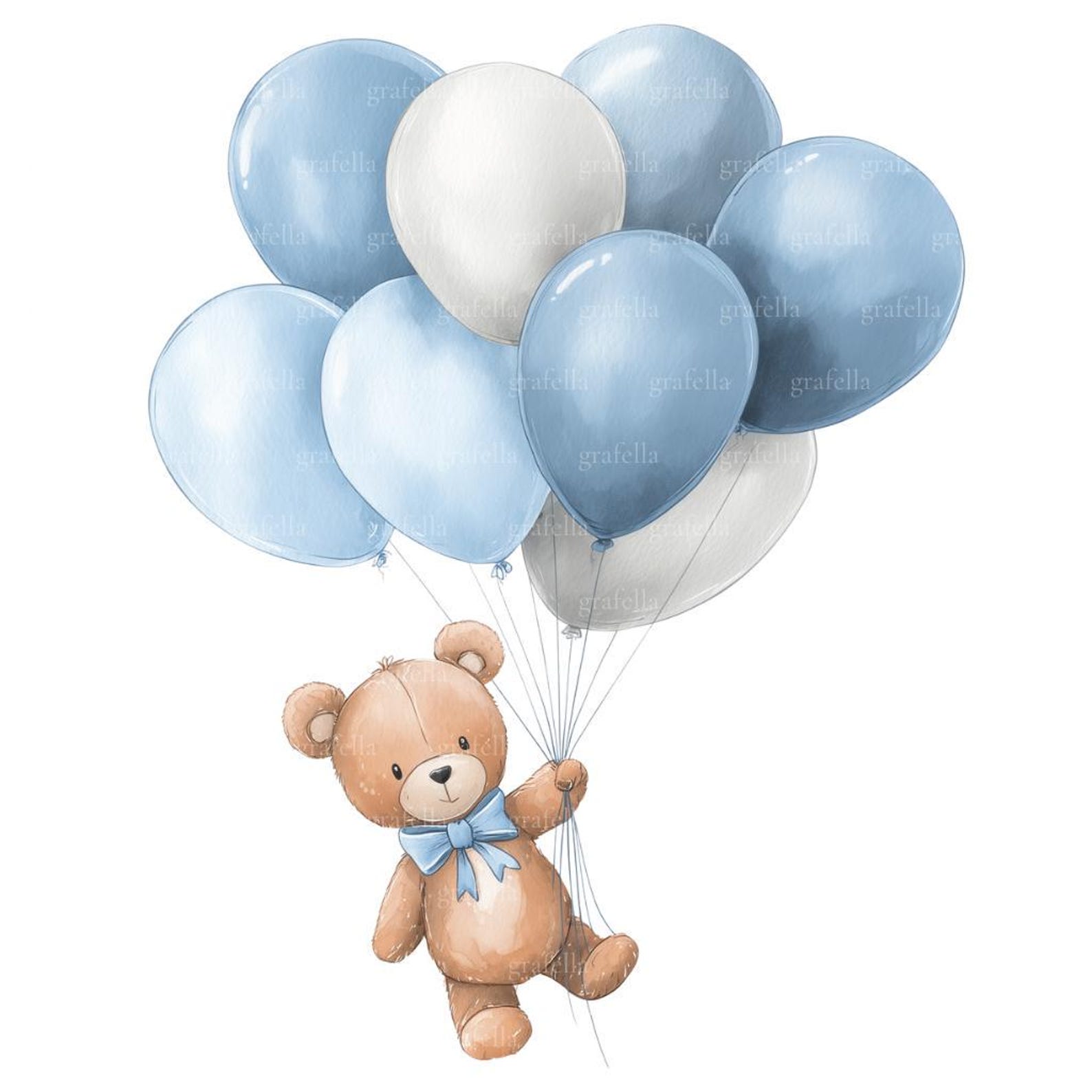 10 Teddy Bear and Blue Balloons Clipart, Watercolor Boy Bear Baby ...