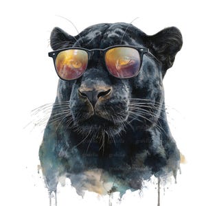 10 imágenes prediseñadas de Phanter, imágenes prediseñadas de Phanter con gafas de sol, imágenes prediseñadas de cabeza de pantera en acuarela, PNG y JPG de alta calidad, descarga digital, 087