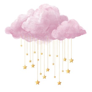 15 różowych chmur ze złotymi gwiazdami Clipart, chmura i gwiazdy, akwarelowa dziewczynka na baby shower Clipart, wysokiej jakości PNG i JPG, pobieranie cyfrowe, 108