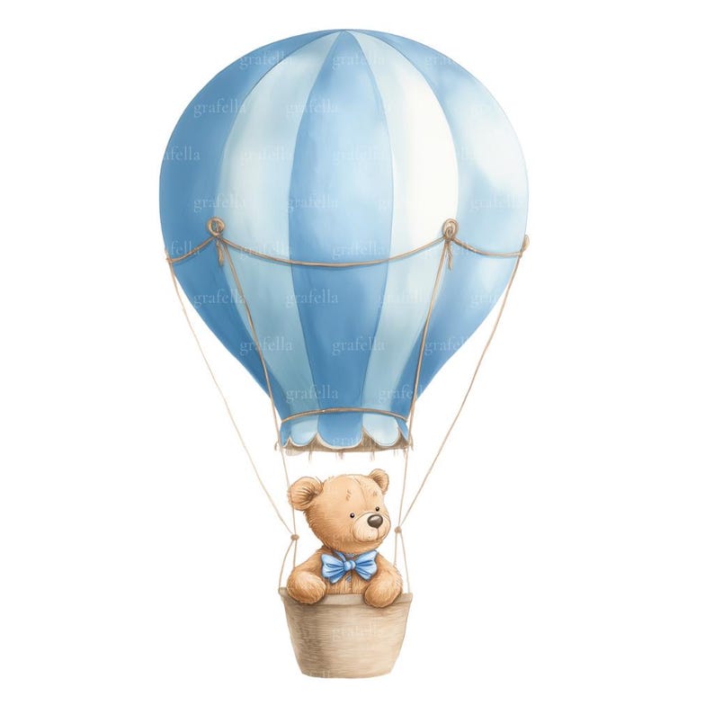 9 Blue Teddy Bear Hot Air Balloon Clipart, Bear Clipart, Watercolor Boy ...