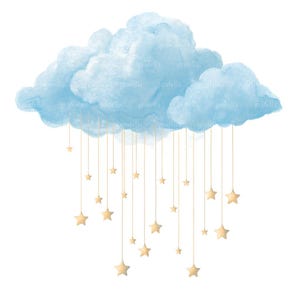 15 Niebieskie chmury ze złotymi gwiazdami Clipart, Chmura i gwiazdy, Akwarelowy chłopiec Baby Shower Clipart, Wysokiej jakości PNG i JPG, Pobieranie cyfrowe, 106