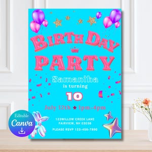 Custom Age Birthday Invitation | Pop Blue Balloon Party Invite for Kids | Editable in Canva | 5x7 Digital Download