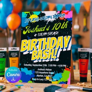 Color Splash Birthday Invitation, Paint Party Invite, Kids Birthday Bash, Messy Paint Birthday , Editable Canva Template, 5x7 Digital