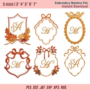 Peut inclure: Six motifs de broderie machine avec des cadres décoratifs ornés de feuilles d'automne, de nœuds et de glands, incluant les monogrammes A, H et M. Le texte indique 5 sizes | 3" 4" 5" 6" 7", Embroidery Machine File, Instant Download, .PES .DST .JEF .EXP .VP3 .HUS.