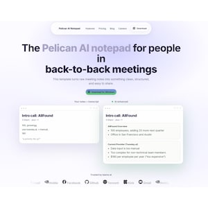 Może przedstawiać: Interfejs strony internetowej dla notatnika Pelican AI, przeznaczony do spotkań jeden po drugim. Strona zawiera tekst "The Pelican AI notepad for people in back-to-back meetings". Pokazano dwa przykładowe okna notatnika.