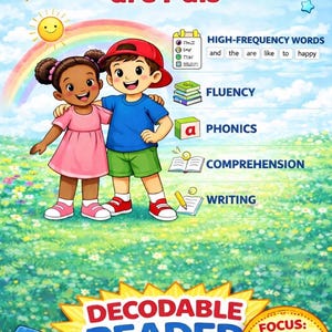 Puede incluir: Ilustración colorida de dos niños con el texto « Pam and Sam are Pals ». La imagen promociona un « Decodable Reader Bundle! » centrado en palabras CVC cortas en A, e incluye secciones sobre fonética, fluidez, comprensión y escritura.