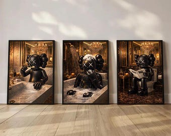 Set of 3 Black Kaws in Shower & Bathroom, DIGITAL DOWNLOAD, Kaws Poster, Hypebeast Prints, Washroom Wall Art, Bathroom Decor