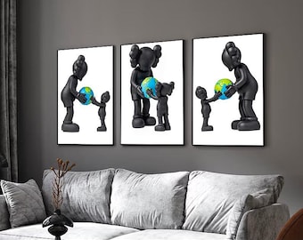 Printable Kaws Poster Set: Black Graffiti Hiphop Style Hypebeast Figure Wall Art, Kaws set of 3 , kaws wall art, (Digital Download)
