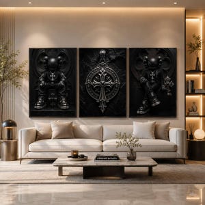May include: A triptych of three black and white wall art prints featuring a central ornate cross pendant flanked by two figures with cross-shaped eyes and detailed clothing, all set against a dark, textured, gothic-inspired background.