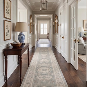 May include: A long, rectangular area rug featuring a faded, intricate pattern in shades of light blue, cream, and soft gray. The rug is positioned centrally on a dark wood floor within a hallway, extending from the foreground toward the back.