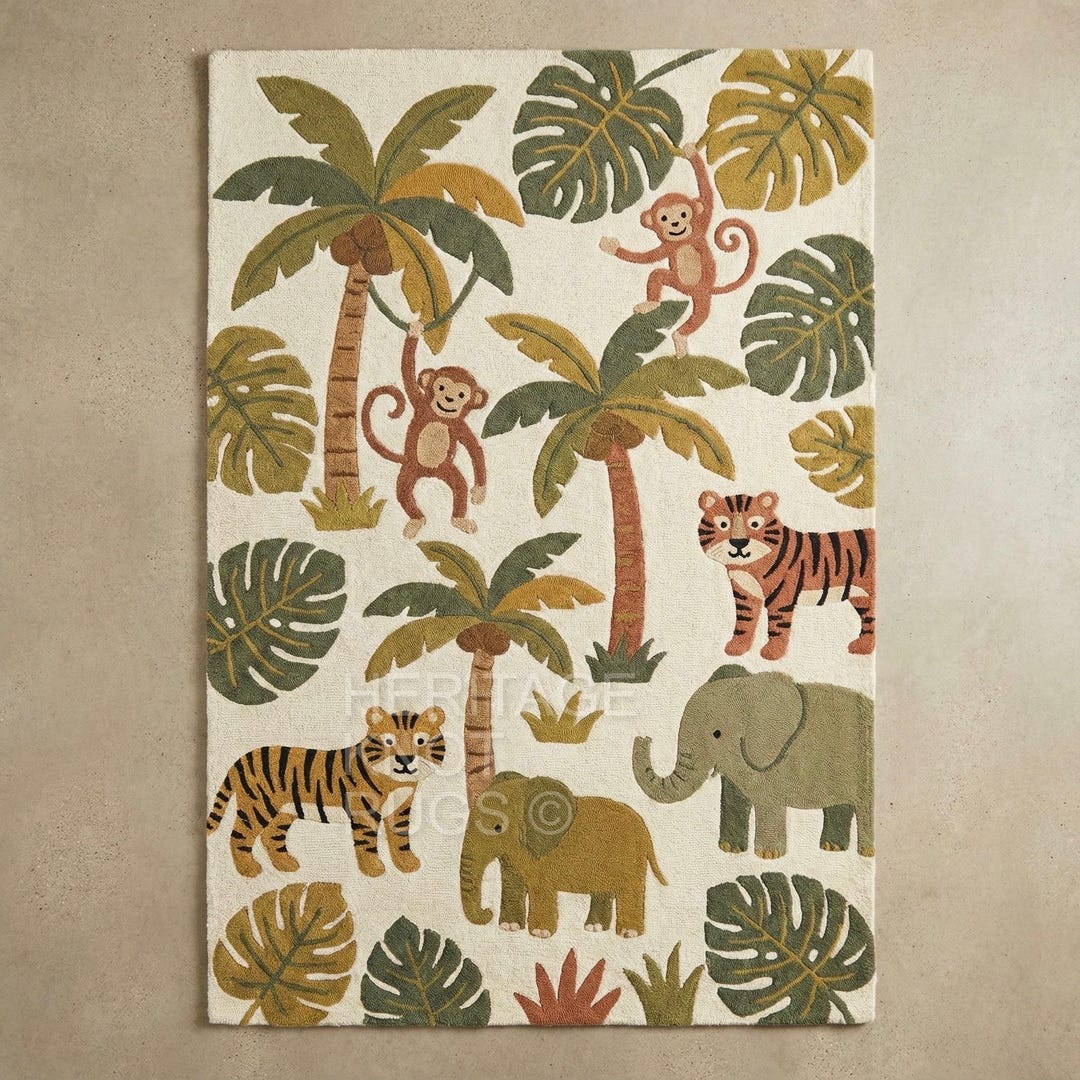 Hand Tufted Wool Safari Rug | Jungle Animals Nursery Decor - Etsy