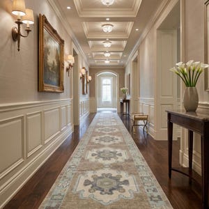 Peut inclure: Un long couloir avec un tapis à motifs, un parquet sombre et des murs crème. Le plafond est doté d'un éclairage encastré et de moulures décoratives. Des œuvres d'art et des appliques ornent les murs, créant un espace élégant et accueillant.