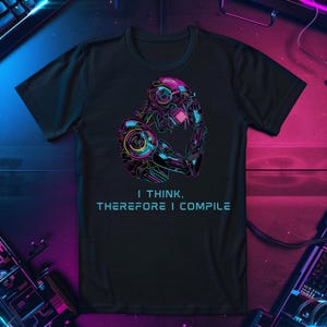 I Think Therefore I Compile Shirt, Funny Coding Philosophy Gift, Cyberpunk Programmer Graphic Tee for Computer Science Nerds & Developers