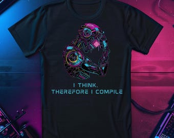 Camiseta "Penso, Logo Compilo", Presente Divertido sobre Filosofia de Programação, Camiseta com Estampa Cyberpunk para Programadores, Nerds e Desenvolvedores de Ciência da Computação.