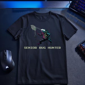 May include: Dark navy t-shirt with a frog graphic holding a bug net, and the text "SENIOR BUG HUNTER". The frog is in green, blue, and pink. The shirt is a crew neck style. A computer mouse and keyboard are visible.