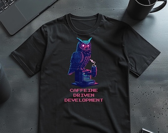 Caffeine Driven Development Shirt, Cyberpunk Night Owl Programmer T-Shirt, Pixel Art Coffee & Coding Gift for Software Developers