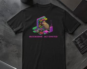 Quicksave Activated Gamer Shirt, Funny Retro Tech Beaver Tee, Data Hoarder IT Gift, PC Gaming Apparel, Synthwave Programmer Humor Top