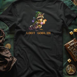 Loot Goblin Shirt, 16-Bit Pixel Art Raccoon Rogue Tee, Funny DnD Dice Goblin Gift for Tabletop RPG Gamers