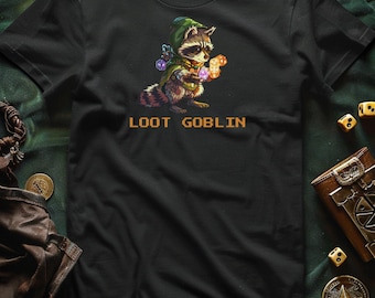 Loot Goblin Shirt, 16-Bit Pixel Art Raccoon Rogue Tee, Funny DnD Dice Goblin Gift for Tabletop RPG Gamers