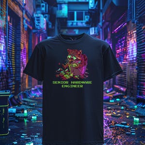 Puede incluir: Camiseta negra con un gráfico de un gato con gafas, sentado en un cubo de chips de ordenador. El texto "SENIOR HARDWARE ENGINEER" está impreso en verde debajo.