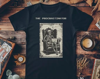 The Procrastinator Shirt, Funny Skeleton Tarot Card Tee, Gamer Gift, Work From Home Humor, Dark Academia Aesthetic
