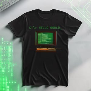 Hello World MS DOS Shirt, Retro Green Terminal Graphic Tee, Funny Programmer Gift for Computer Science Students & Developers