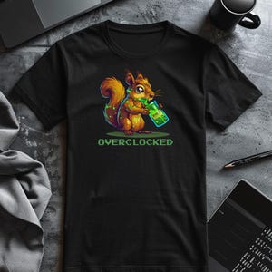 Overclocked Squirrel Shirt, 16-Bit Pixel Art Energy Drink Tee, Funny PC Gamer Gift for Hardware Nerds & Computer Enthusiasts